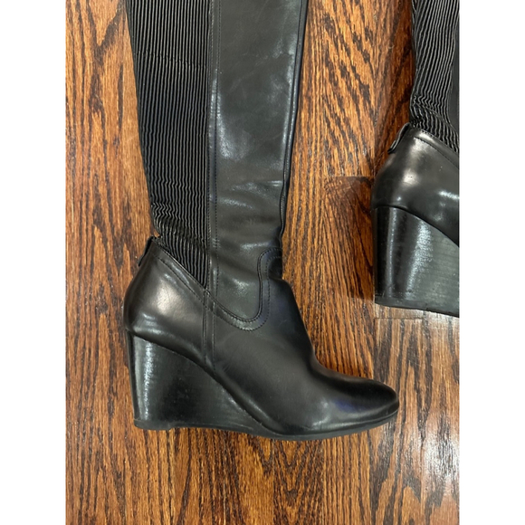 Women's Rudsak Black Leather Wedge Knee High Boots - Picture 2 of 12